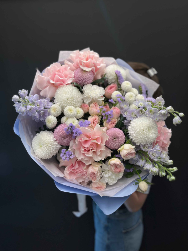 Букет XXL #154 дельфиниум, хризантема, розы
