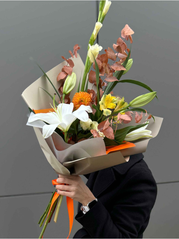 Букет #180 лилия, георгин и гладиолус