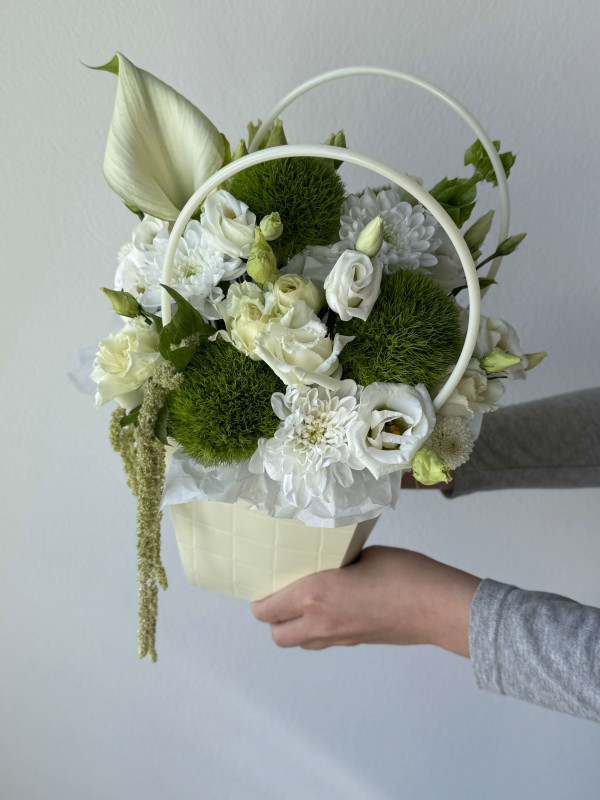 Композиция #60 в сумочке с гвоздикой Грин Трик