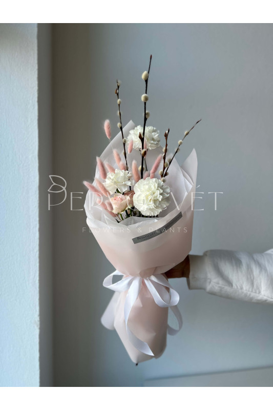 Букет #292 белая гвоздика и верба