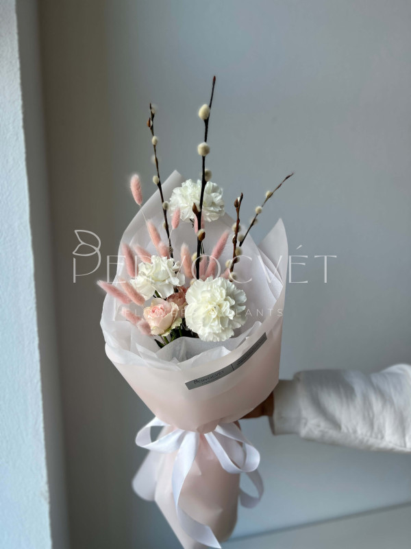 Букет #292 белая гвоздика и верба