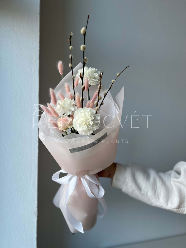 Букет #292 белая гвоздика и верба