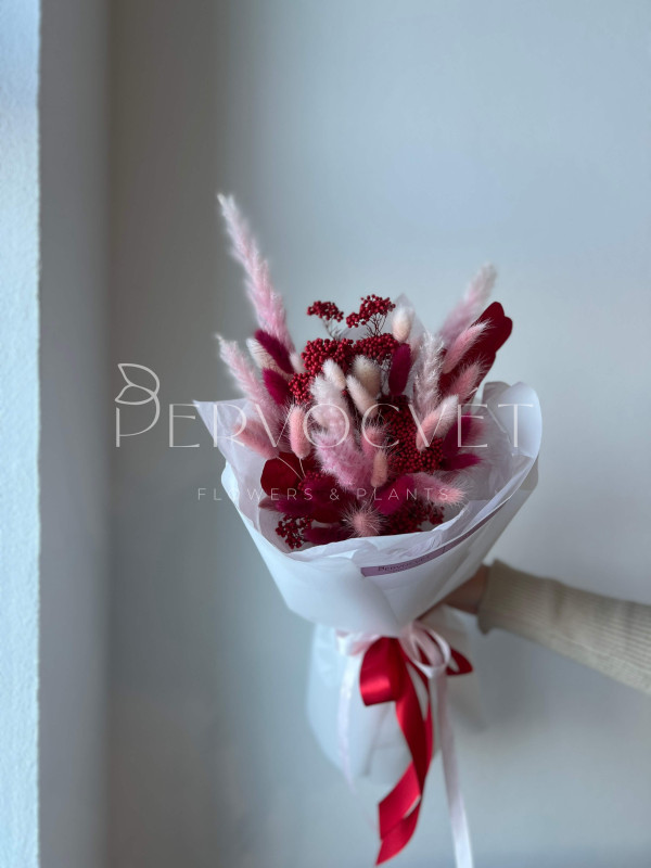 Букет из сухоцветов #36 в красно-розовых оттенках