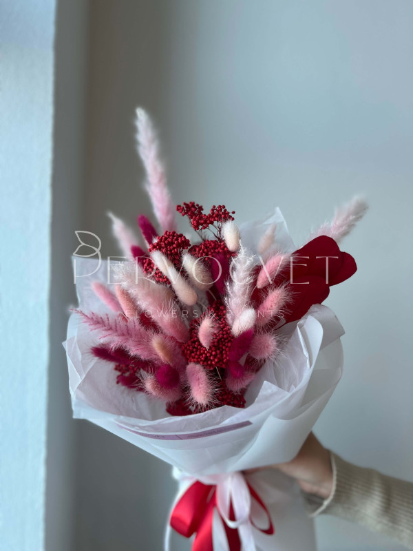 Букет из сухоцветов #36 в красно-розовых оттенках